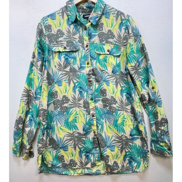 Lands End Womens Linen Button Up Shirt Size ST Green Tropical Long Sleeve Casual - Picture 6 of 12